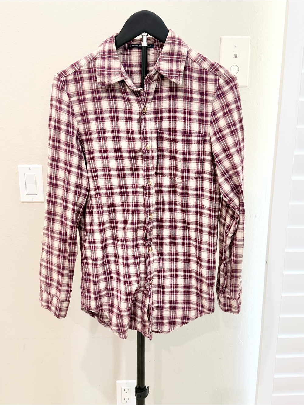 Brandy Melville Burgundy and White Plaid Button-Down Flannel Preppy Grunge